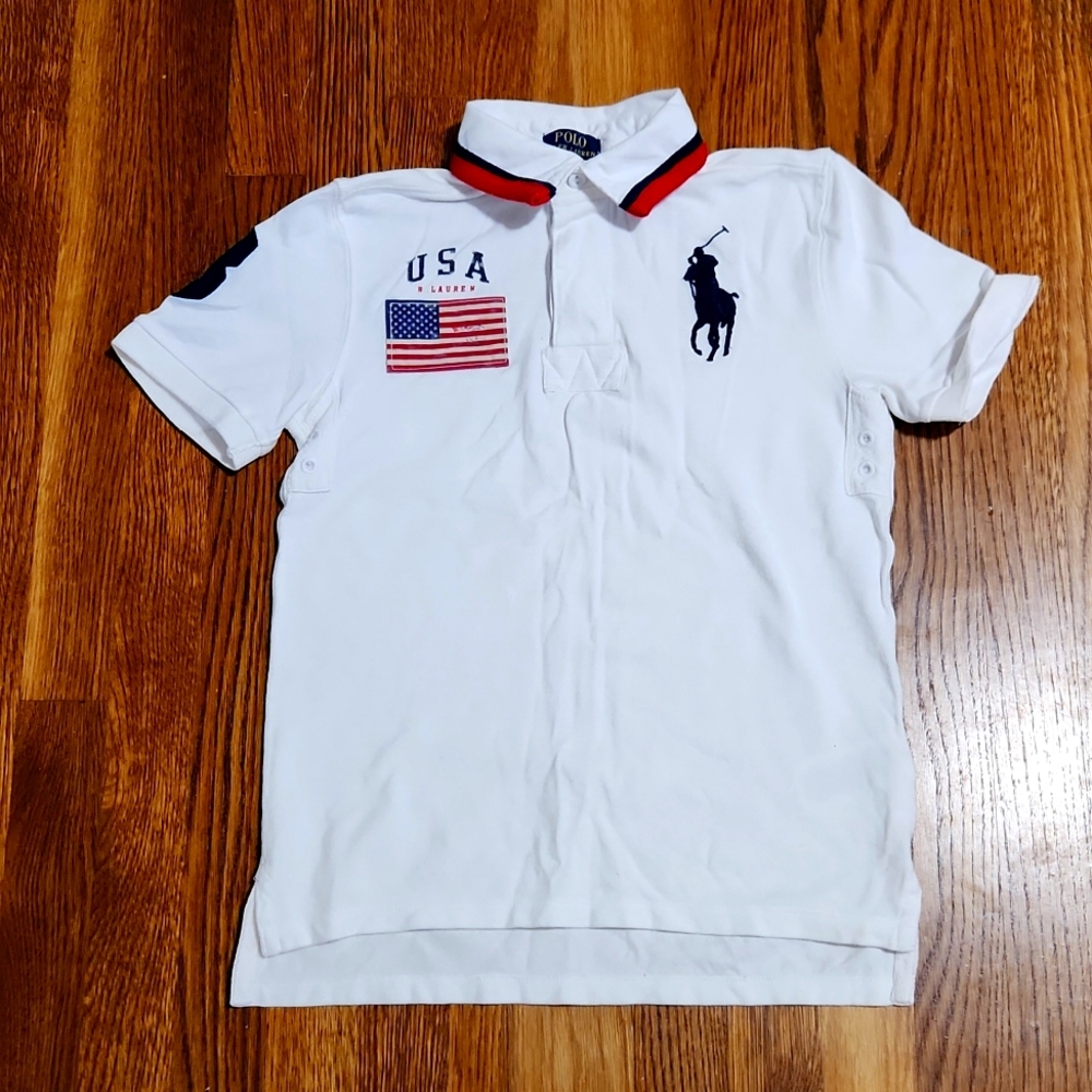 Boys Ralph Lauren Big Pony USA Flag White Polo sz M (10/12)